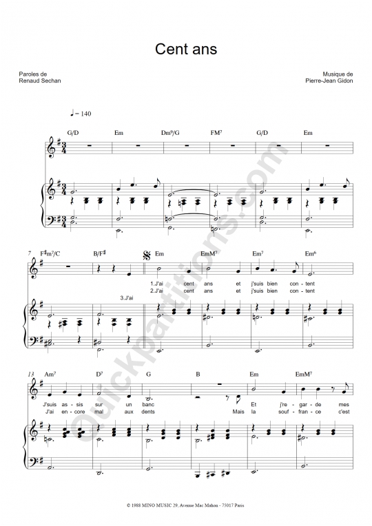Partition piano Cent ans - Renaud