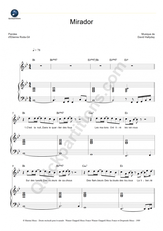 Partition piano Mirador - Johnny Hallyday
