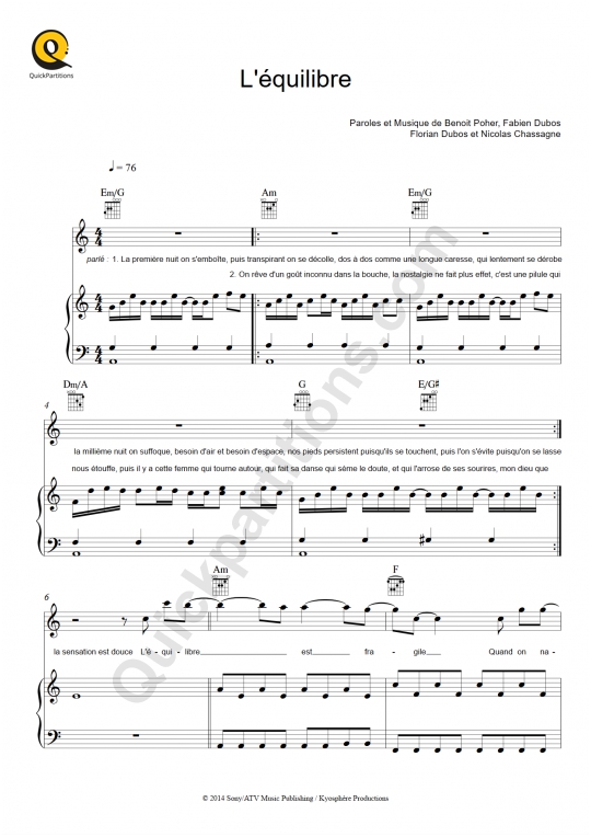 L'équilibre Piano Sheet Music - Kyo