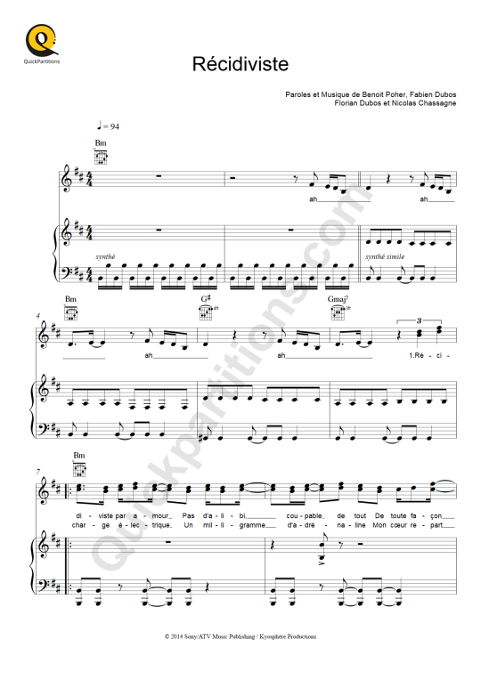Récidiviste Piano Sheet Music - Kyo