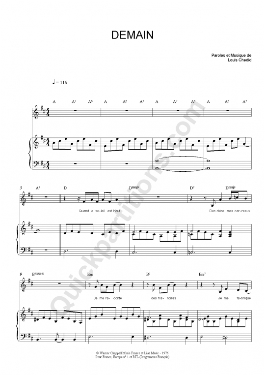 Demain Piano Sheet Music - Louis Chedid