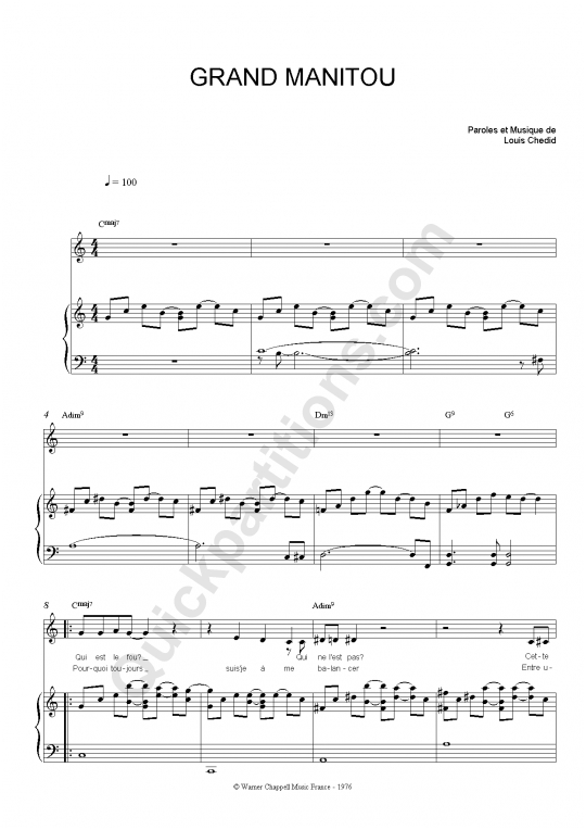 Grand Manitou Piano Sheet Music - Louis Chedid
