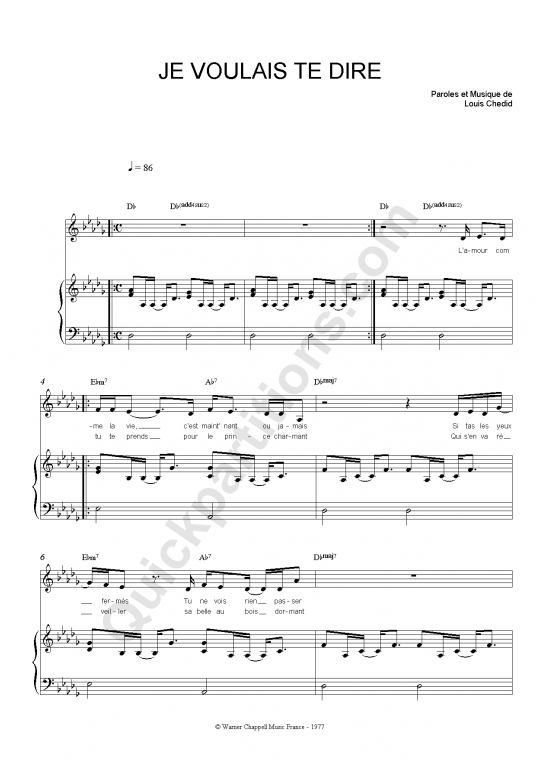 Je voulais te dire Piano Sheet Music - Louis Chedid