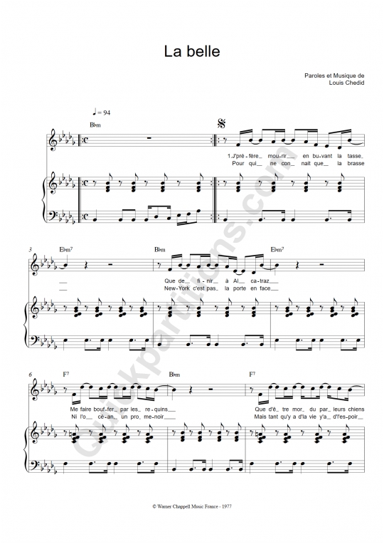 La belle Piano Sheet Music - Louis Chedid