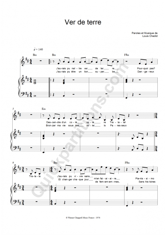 Ver de terre Piano Sheet Music - Louis Chedid