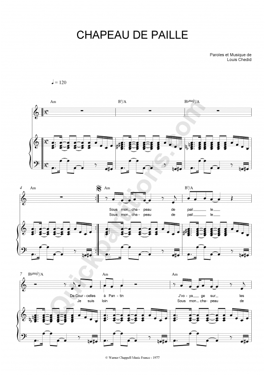 Partition piano Chapeau De Paille - Louis Chedid