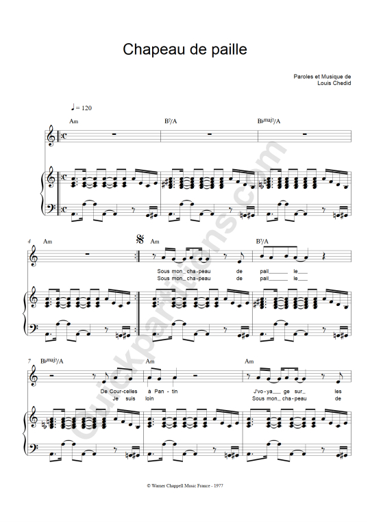 Chapeau De Paille Piano Sheet Music - Louis Chedid