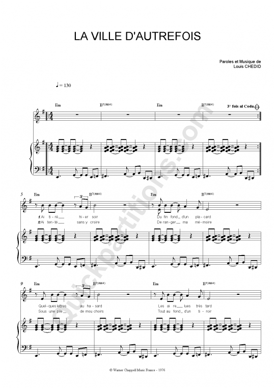 La Ville d'Autrefois Piano Sheet Music - Louis Chedid