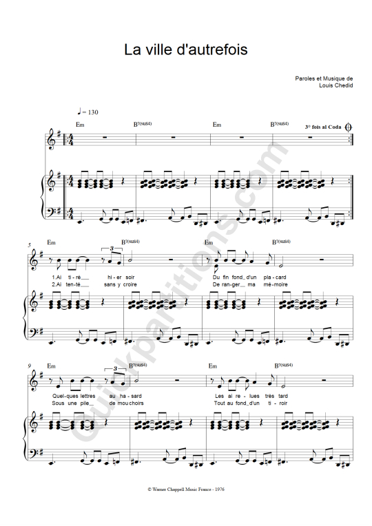 La Ville d'Autrefois Piano Sheet Music - Louis Chedid