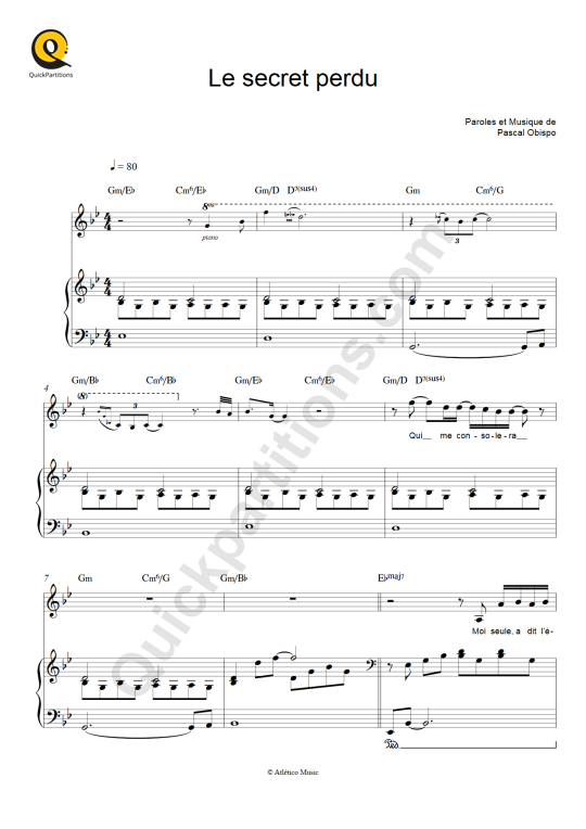Le secret perdu Piano Sheet Music - Pascal Obispo