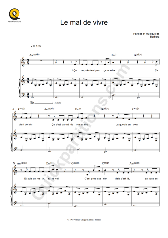 Le mal de vivre Piano Sheet Music - Patrick Bruel