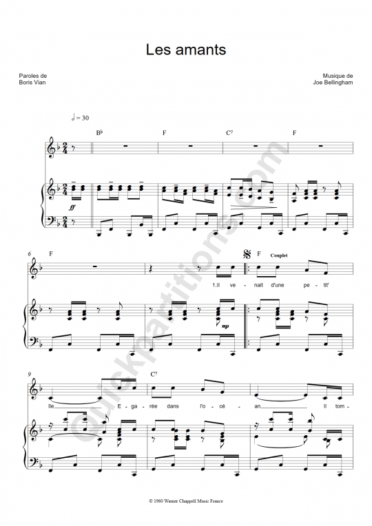 Partition piano Les amants - Boris Vian
