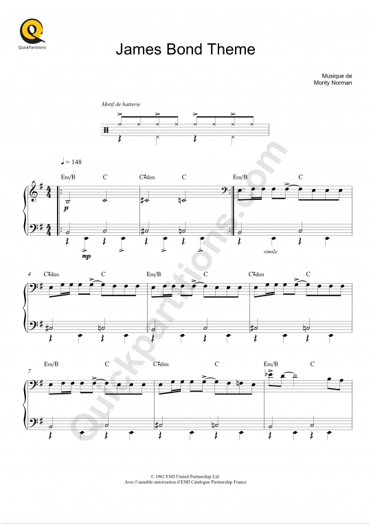 Partition piano James Bond Theme - Monty Norman