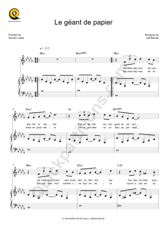 Partition piano Le géant de papier - Jean-Jacques Lafon