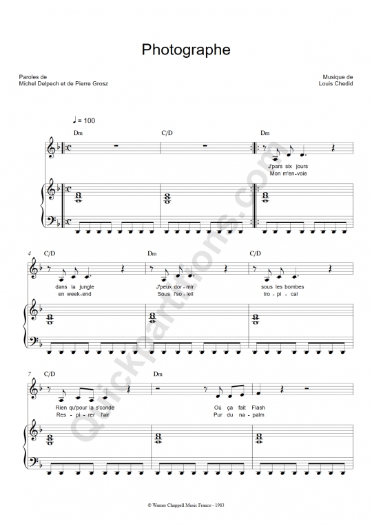 Photographe Piano Sheet Music - Louis Chedid