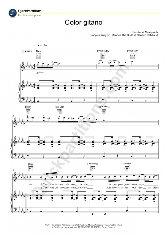 Partition piano Color Gitano - Kendji Girac