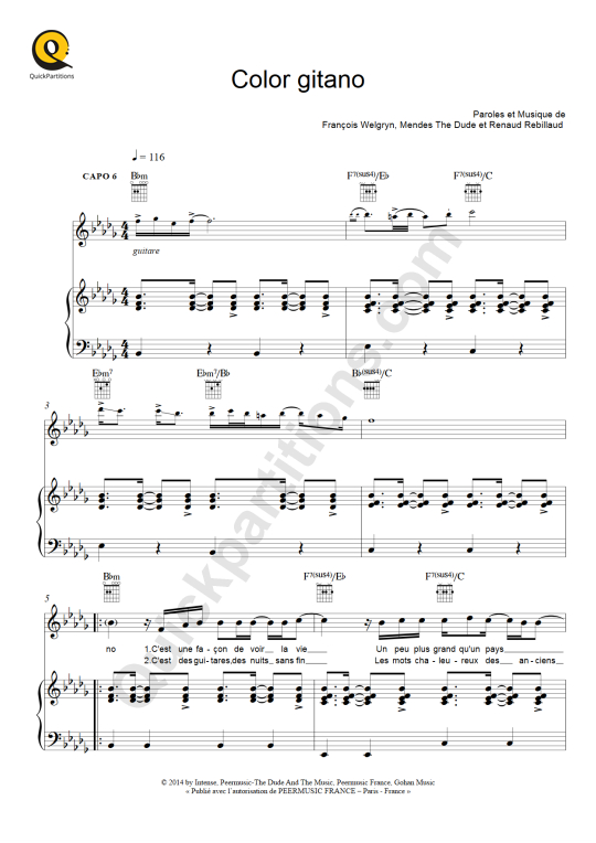 Color Gitano Piano Sheet Music - Kendji Girac