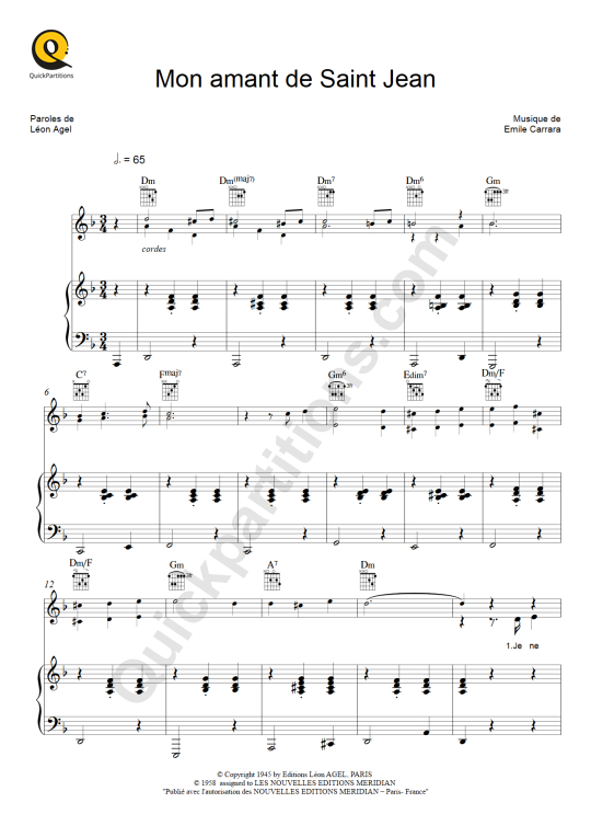 Mon amant de Saint Jean Piano Sheet Music - Patrick Bruel
