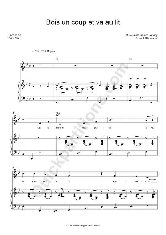 Partition piano Bois un coup et va au lit - Boris Vian
