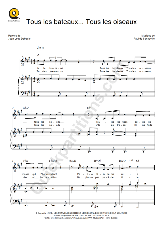 Partition piano Tous les bateaux... Tous les oiseaux - Michel Polnareff