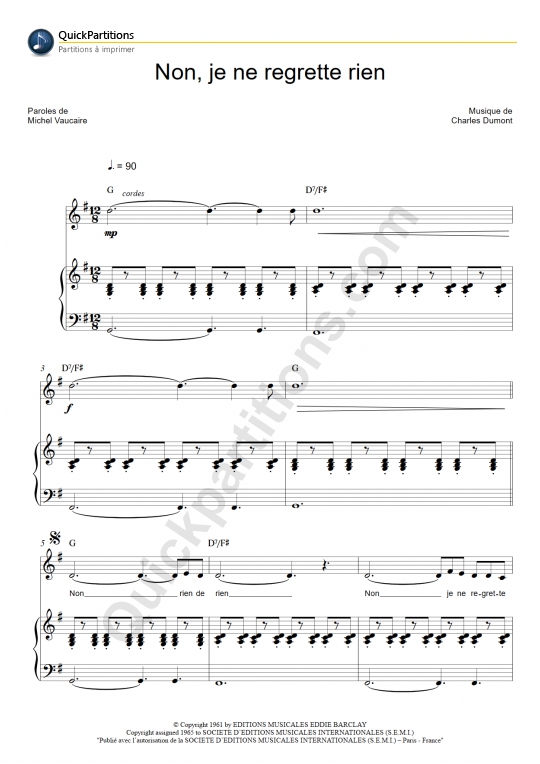 Non, je ne regrette rien Piano Sheet Music - Edith Piaf