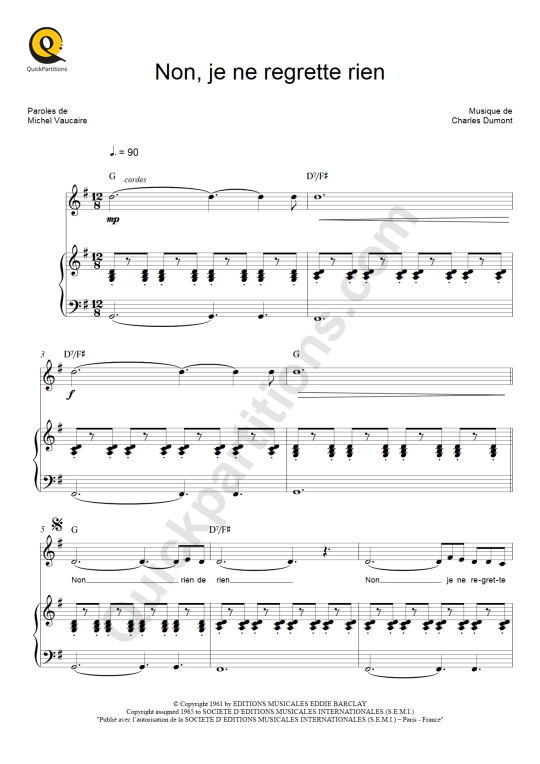 Partition piano Non, je ne regrette rien - Edith Piaf