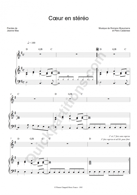 Partition piano Coeur en stéréo - Jeanne Mas