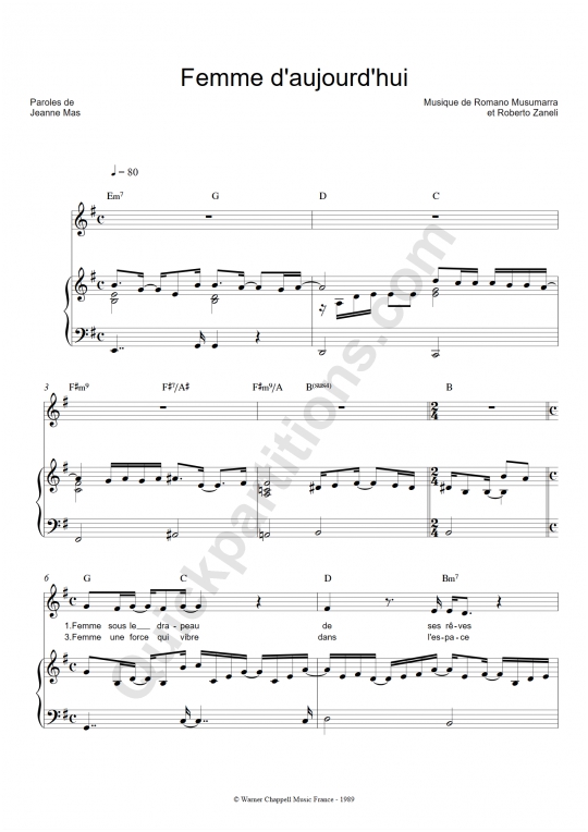 Partition piano Femme d'aujourd'hui - Jeanne Mas