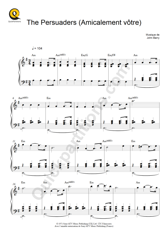 The Persuaders (Amicalement vôtre) Piano Sheet Music - John Barry
