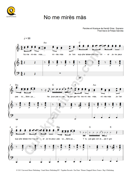 Partition piano No me mirès màs - Kendji Girac