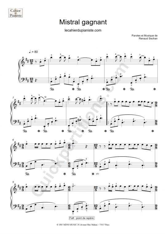 Partition piano facile Mistral Gagnant - Le cahier du pianiste