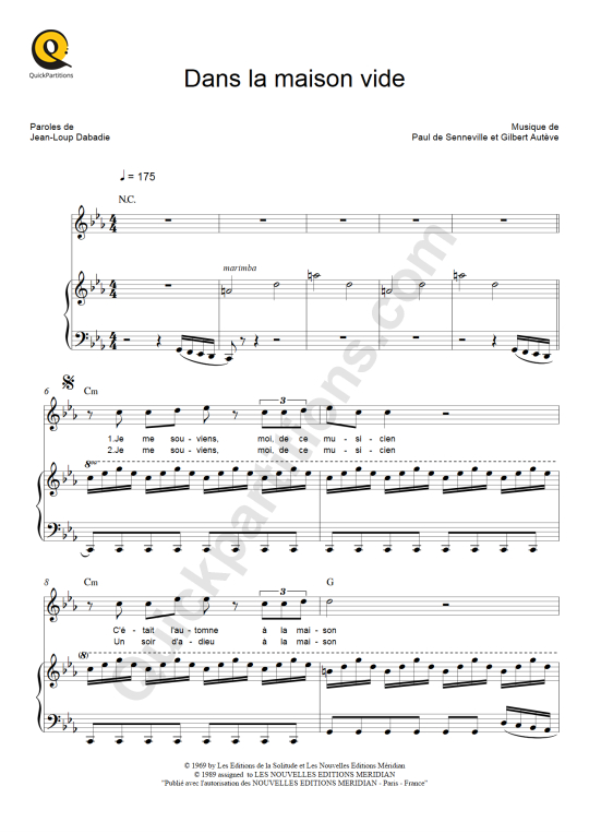 Partition piano Dans la maison vide - Michel Polnareff