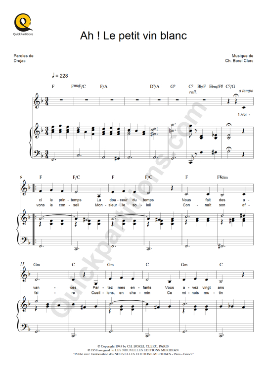 Partition piano Ah ! Le petit vin blanc - Lina Margy
