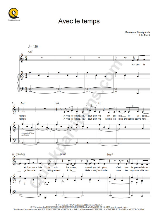 Partition piano Avec le temps - Léo Ferré
