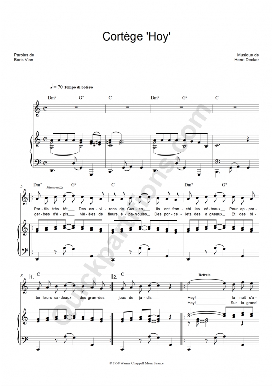 Partition piano Cortège 'hoy' - Boris Vian
