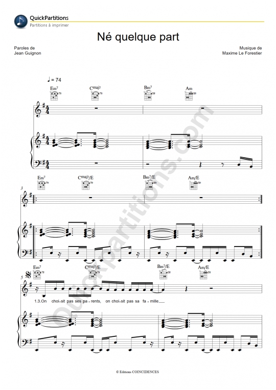 Né quelque part Piano Sheet Music from Maxime Le Forestier