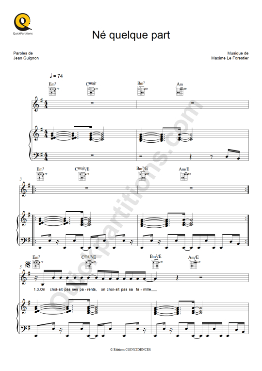 Né quelque part Piano Sheet Music - Maxime Le Forestier