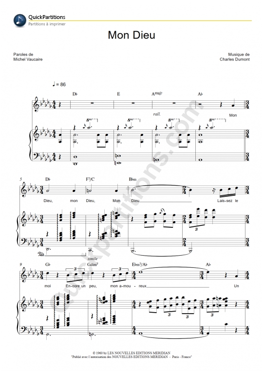 Partition piano Mon Dieu - Edith Piaf