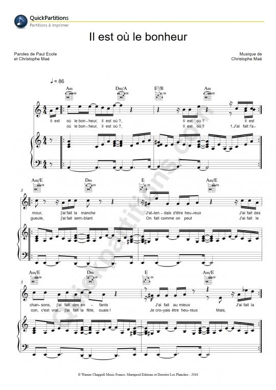 Il est où le bonheur Piano Sheet Music - Christophe Maé