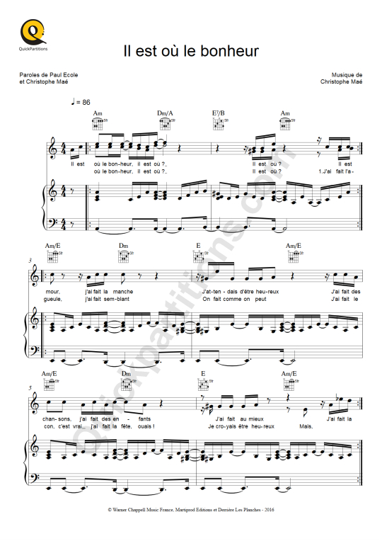 Partition piano Il est où le bonheur - Christophe Maé