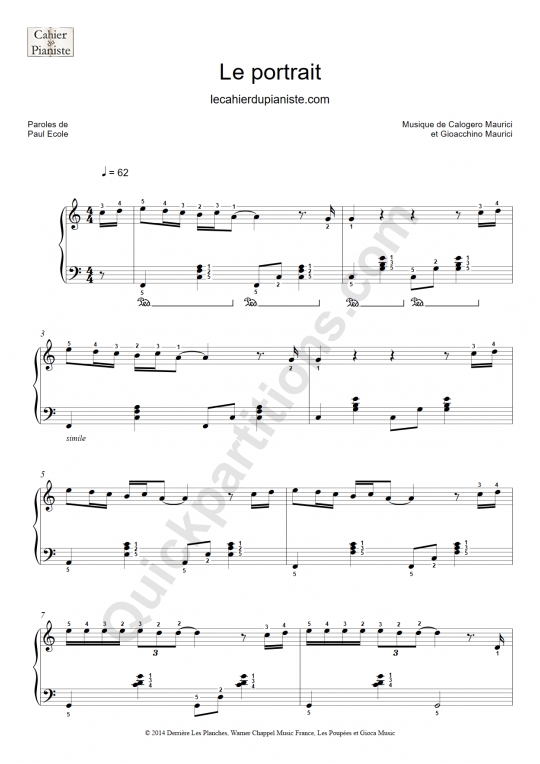 Partition piano facile Le portrait - Le Cahier du Pianiste