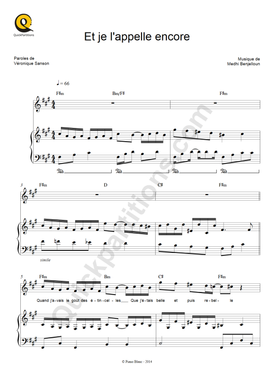 Partition piano Et je l'appelle encore - Véronique Sanson
