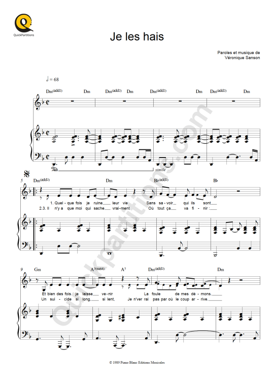 Je les hais Piano Sheet Music - Véronique Sanson