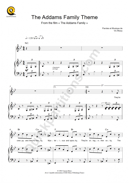 The Addams Family Theme (La famille Addams) Piano Sheet Music - Vic Mizzy