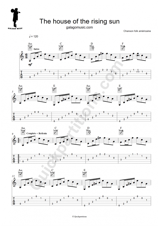 Tablature Guitare The house of the rising sun - Galagomusic