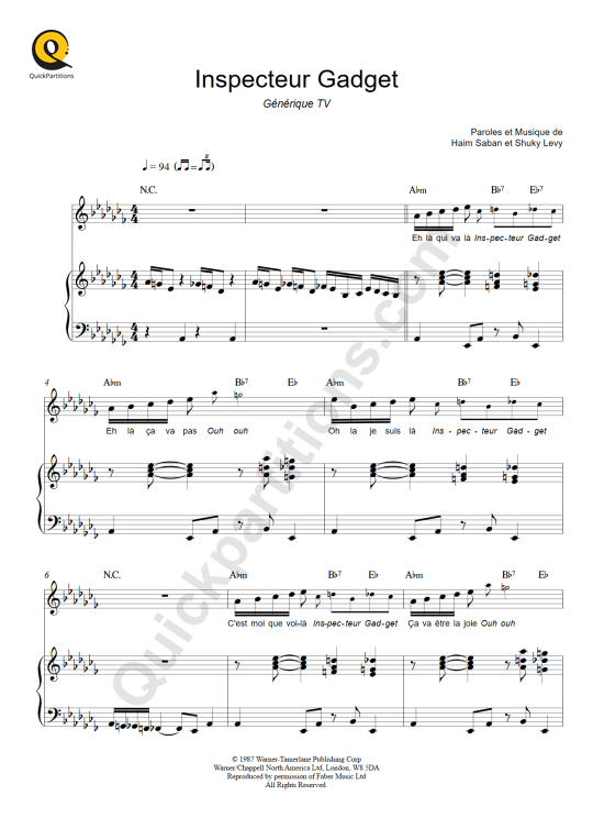 Partition piano Inspecteur Gadget - Jacques Cardona