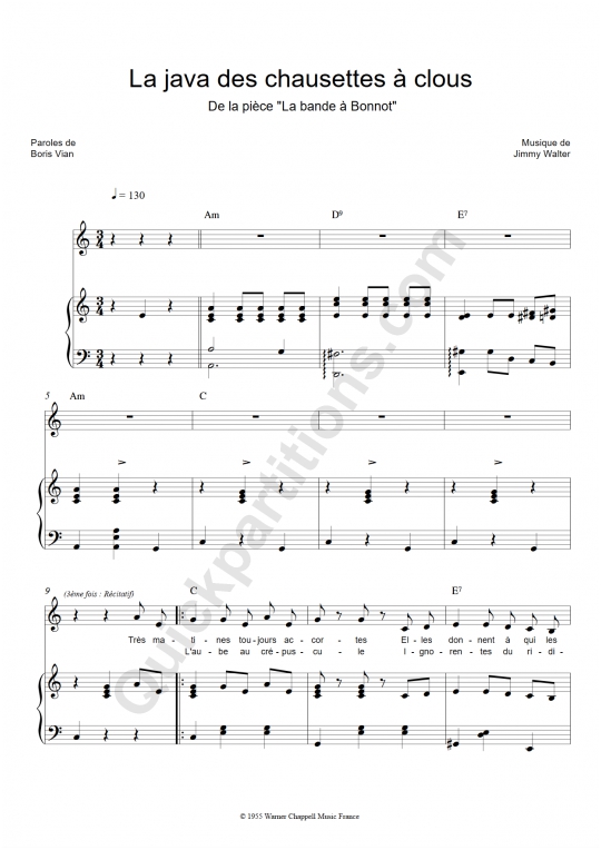 Partition piano La java des chaussettes à clous de Boris Vian