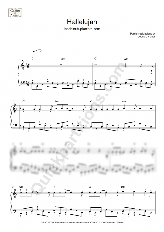 Partition piano facile Hallelujah - Le cahier du pianiste