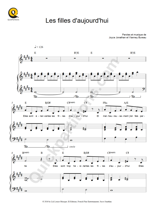 Les filles d'aujourd'hui Piano Sheet Music - Joyce Jonathan