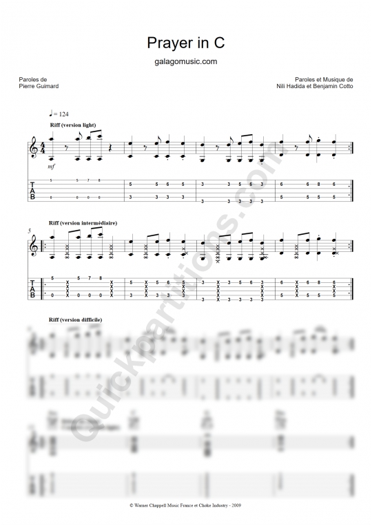 Tablature Guitare Prayer in C de Galagomusic